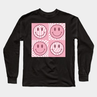 Funny Face Checkered Pattern Smile Face Meme Trendy Long Sleeve T-Shirt
